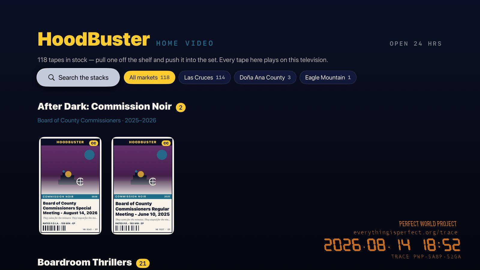 HoodBuster shelves on Apple TV, tapes grouped by genre.